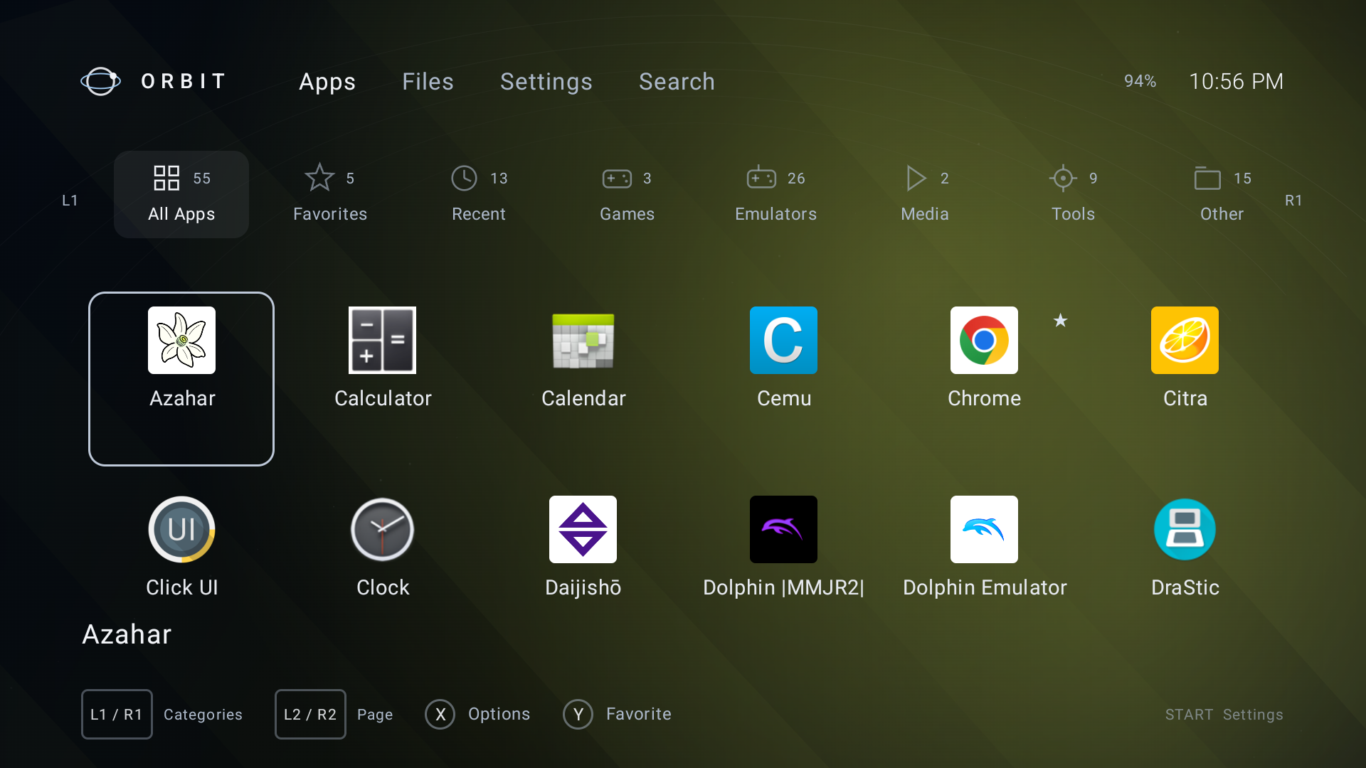 Orbit Launcher showing app categories and its landscape app grid