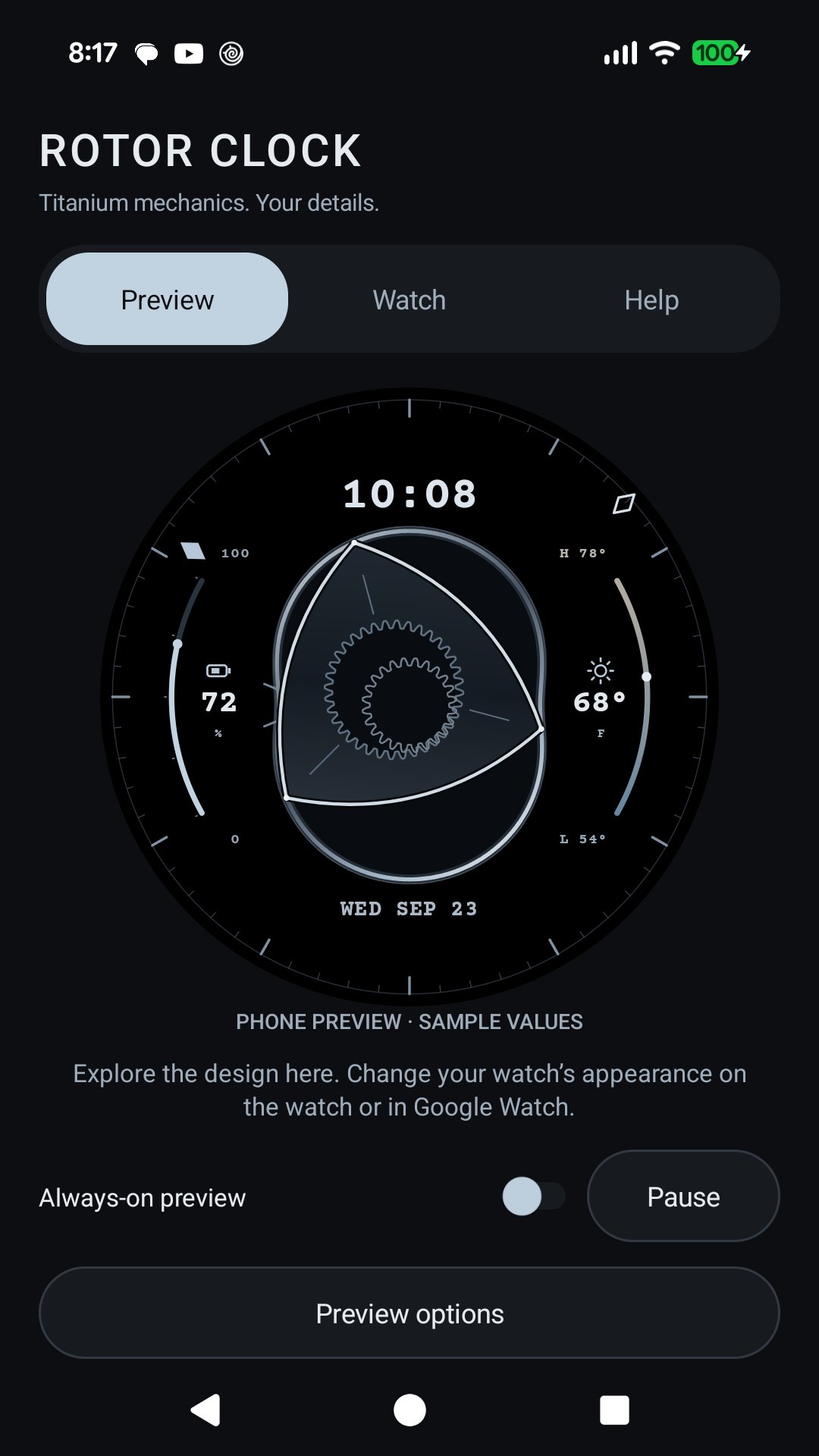Rotor Clock Android companion preview with clearly labeled sample values