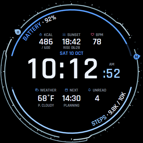 VANGUARD APEX Cobalt face with perimeter hour and minute markers, digital time, and sample complication readings